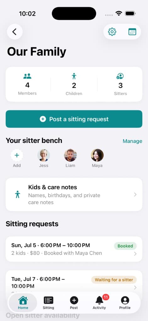 Sittership household home view showing sitter bench and posted needs