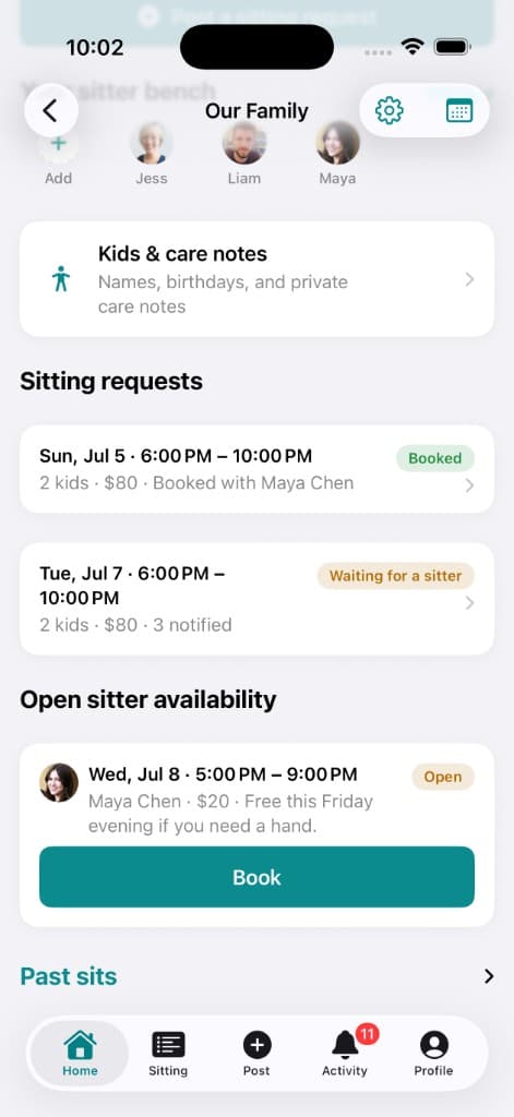 A sitter's posted availability window a household can book