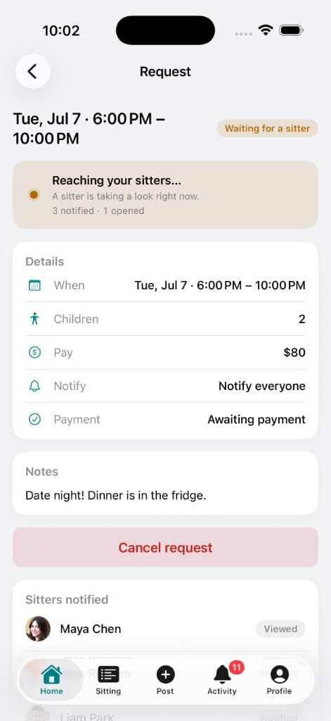 Request status view showing open and booked sits