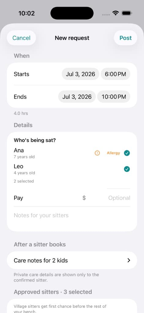 Create a new babysitting request in Sittership