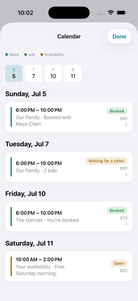 Calendar view showing needs, jobs, and availability