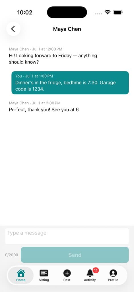 In-app conversation between a household and a sitter
